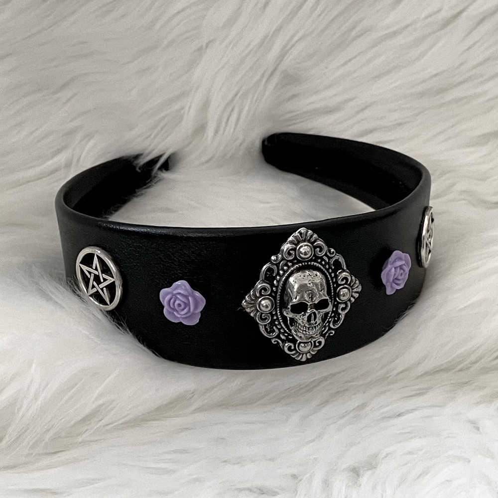 Disney Goth Day Headband Halloween Handmade Leather Skull Pentagrams Roses